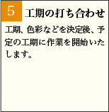 5:工期の打ち合わせ 工期、色彩などを決定後、予定の工期に作業を開始いたします。